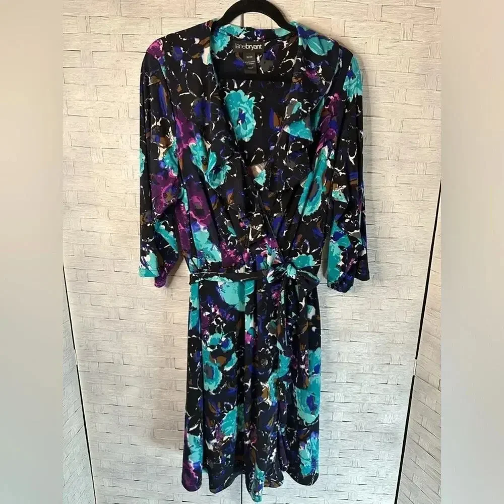 Lane Bryant floral ruffle Wrap style Dress colorful 3/4 sleeves belt plus size